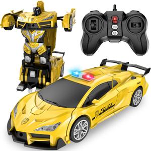 Remote Control Car, Transform Robot RC Cars, 2.4Ghz Transforming Police Car Toy with LED Light, One-Button Deformation & Rotating Drifting, Toys for 5+ Year Boys/Girls (Yellow)