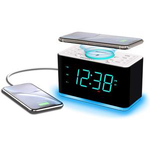 Emerson ER100401 Smartset 15Watt Ultra Fast Wireless Charging Dual Alarm Clock Radio with Bluetooth Speaker, USB Charger, Cyan LED Night Light and 1.4" Display