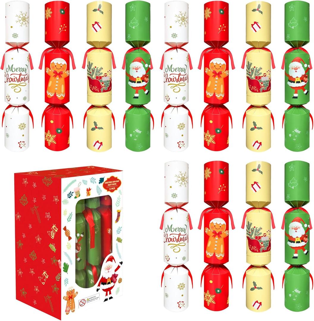 Zuffeloria 12 Pack Christmas Crackers with Prizes (No Snap Design), Holiday Table Favors for Kids and Family  Includes Toys, Jokes & Paper Hats Christmas Party Decorations