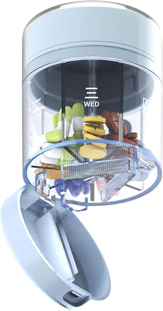 2 In1 Pill Crusher Cutters Medicine Organizer Bottle, Portable Travel Pocket 7-Day Tablet Pill Dispenser Tablet Cutter Case Pill Cutter Splitter for Small and Tiny Pills(Blue)