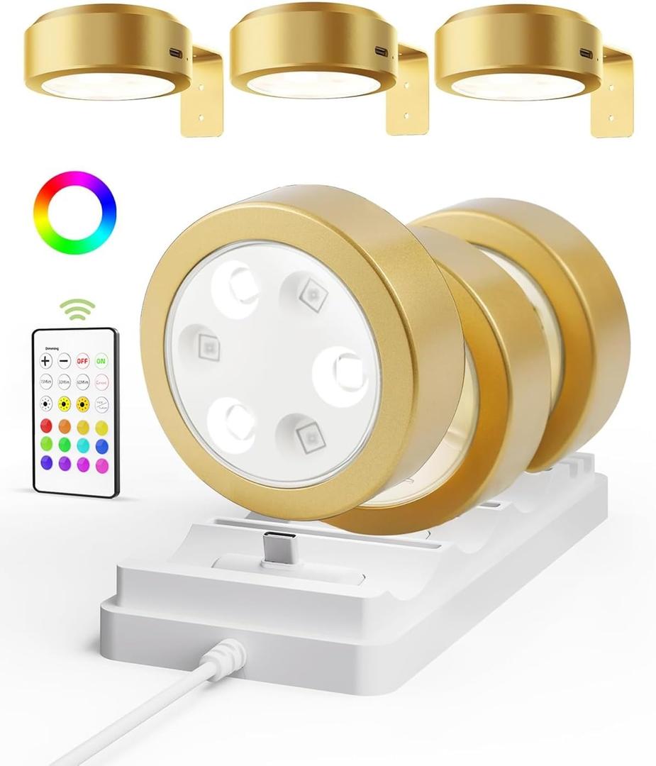 EZVALO Picture Lights for Wall with Charging Station, Rechargeable Battery Magnetic Poster Lights with 3 Color Temps & 12 RGB, Remote Dimmable Timer Light, Wall Decor Light for Art Display (6 Pack) (Gold)