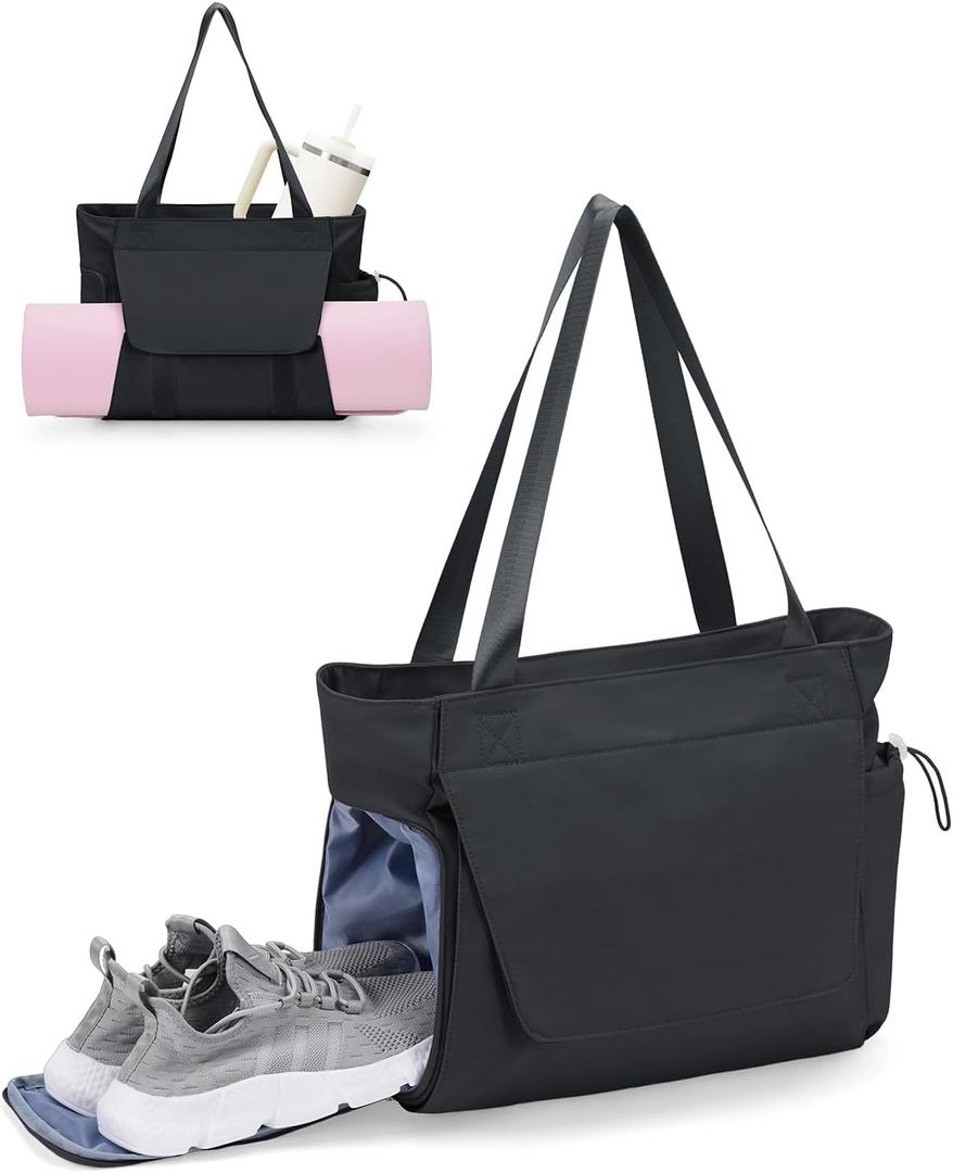 sportsnew Gym Bag for Women, 19L Yoga Mat Bag with Shoe Compartment & Wet Dry Pocket, Gym Tote Bag with Hook-and-loop Yoga Mat Holder, Quick Access Storage, for Workout Travel Pilates Dance