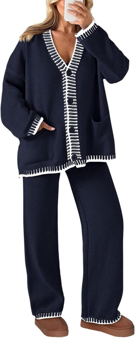 PRETTYGARDEN Lounge Sets for Women Fall 2026 Loungewear 2 Piece Outfits Cardigan Sweaters Track Suit Matching Winter Clothing (X-Large, Navy)