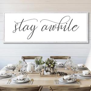 Rutiyoka Stay Awhile Sign Framed Farmhouse Dining Room Wall Decor Large 42"x15" Wood Kitchen Wall Art White