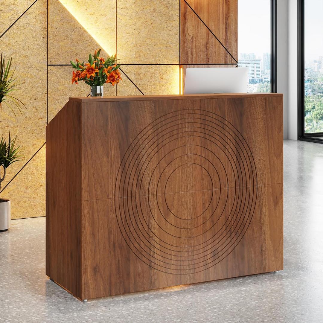 Tribesigns Reception Desk with Counter, Modern Front Desk Reception Room Table with Cable Grommet, 47 inch Retail Counter for Checkout, Lobby, Beauty Salon, Home Office Desk, Walnut