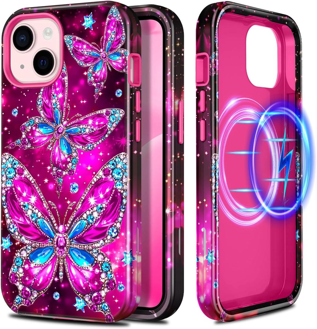 Casetego for iPhone 13 Case,iPhone 14 Case,Compatible with MagSafe,[Military Grade Drop Test] Full Body Protection Slim Shockproof Rugged Marble Women Girls Case for iPhone 13/14 6.1 inch,Ruby Red