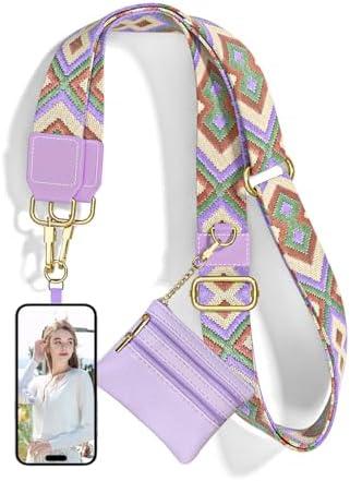 Nipichsha Crossbody Phone Strap with Wallet, Clip and Go Strap for Phone with Wallet, Adjustable Crossbody Cell Belt with Zippered Pouch, Neck Shoulder Cell Lanyard for Women, Purple Geometry