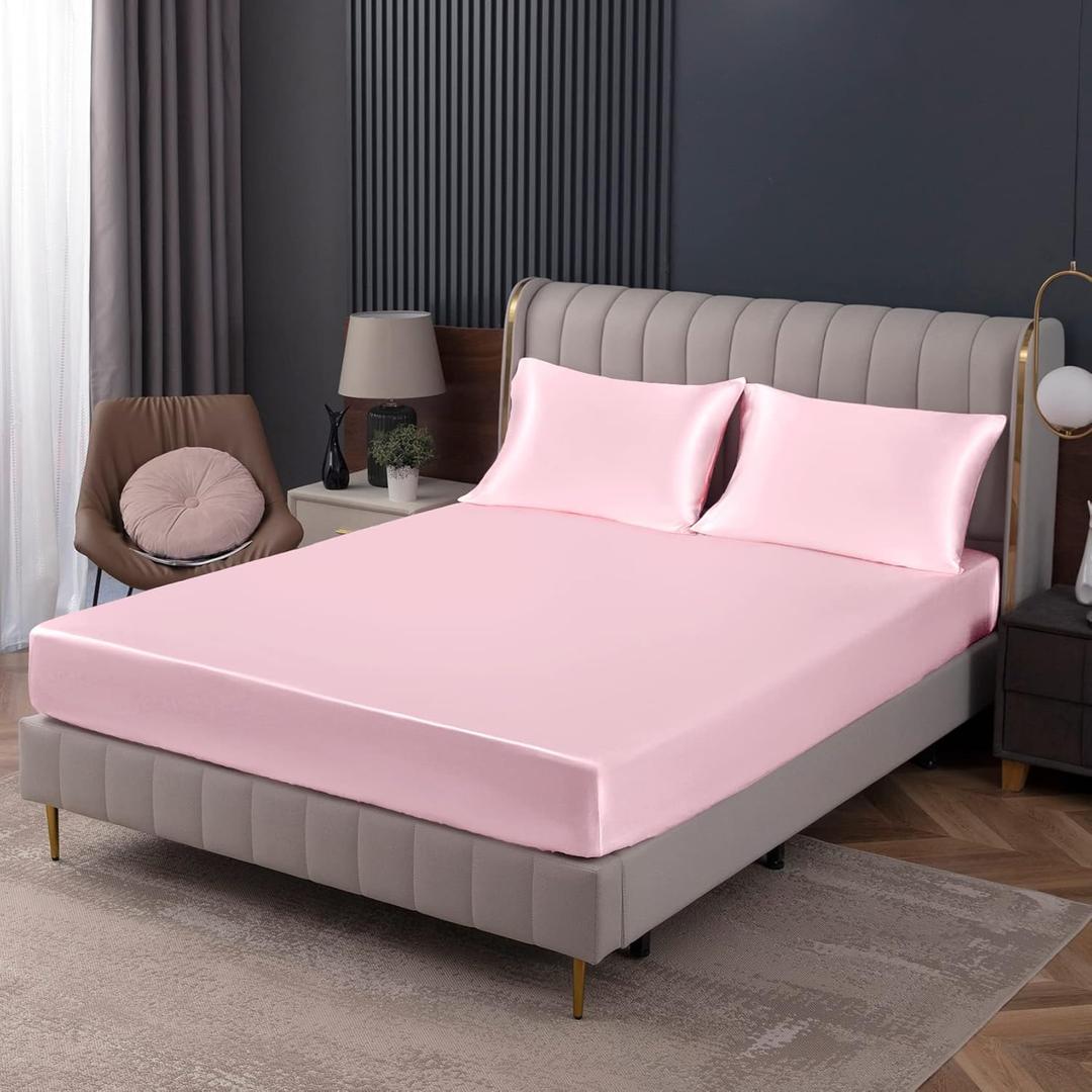 Homiest Blush Pink Satin Fitted Sheet Queen Size, Deep Pocket, Luxury & Ultra Soft Bedding