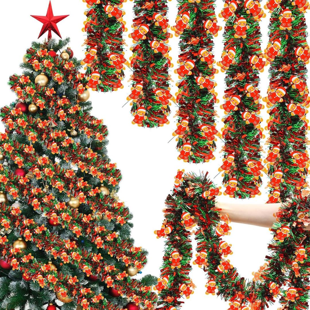 XunYee 98 ft Christmas Gingerbread Man Tinsel Garland Decorations Red Green Metallic Twist Garland Holiday Shiny Wire Ornament for Xmas Festival Home Mantle Fireplace Indoor Outdoor Party Decor