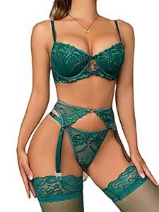 SOLY HUX Womens Sexy Lingerie Sets 4 Piece Lace Garter Babydoll Push Up Bra and Panty with Stocking Dark Green XL