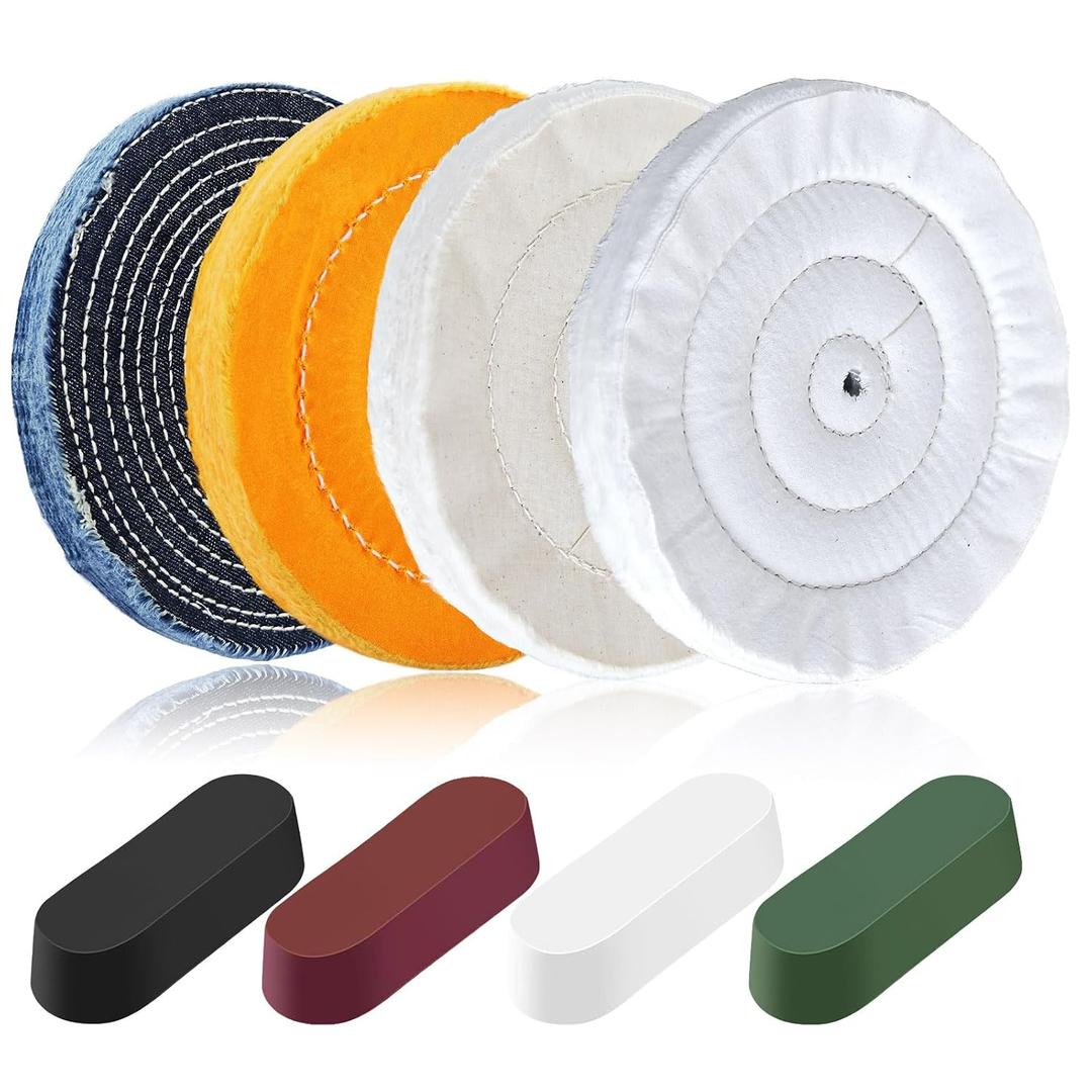 8PCS 8 Inch Buffing & Polishing Wheel Kit for Bench Grinder, 1/2" Arbor Hole, Denim/Yellow/White/Flannel Polishing Wheels with 4 Buffing Compound Set,Polishing Rouge Bars