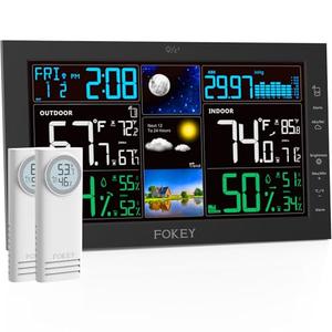 FOKEY Weather Station Wireless Indoor Outdoor, Indoor Outdoor Thermometer Wireless, Home Atomic Clock Weather Stations, Temperature Humidity Barometer Inside Outside Thermometers, Black with 2 Sensors