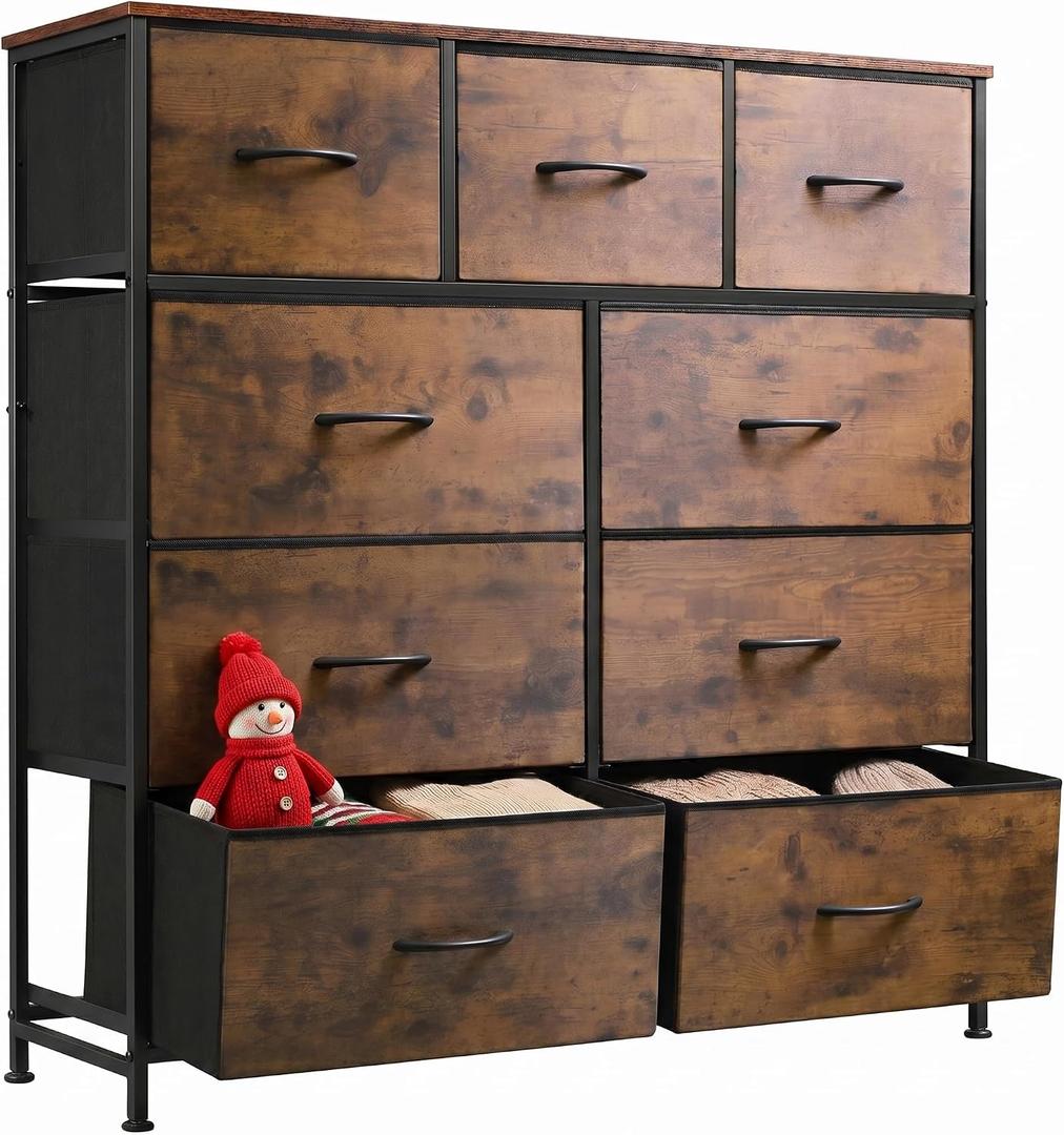 WLIVE 9 Drawer Dresser, Fabric Storage Tower for Bedroom, Hallway, Closet, Tall Chest Organizer Unit for Bedroom with Fabric Bins, Steel Frame, Wood Top, Easy Pull Handle, Black and Rustic Brown