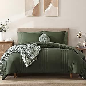 Monbix Full Comforter Set  7 Pieces Olive Green Bed in a Bag Full Size Bedding Sets with Comforters, All Seasons Comforter with Sheets, Pillowcases & Shams