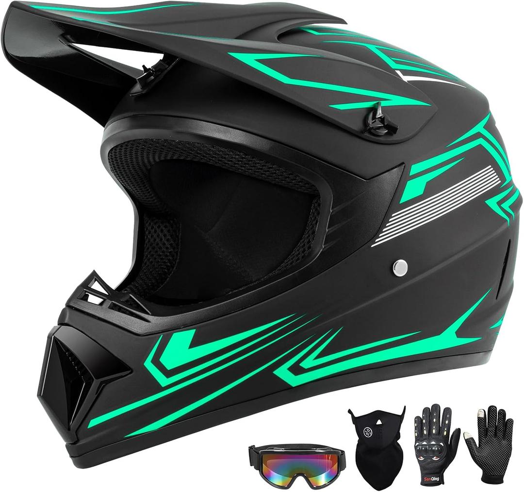 Youth Kids Dirt Bike Motocross Helmet (Goggles Gloves Face Mask) 4PCS Set, DOT Approved Boys Girls Full Face Motorcycle Helmets, ATV BMX MX Mountain Bike Off Road Kid Helmet (Green, M)