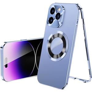 Magnetic Metal Edge Full Body Military Drop Protection for iPhone 12 Pro Case,Compatible with MagSafe,Rugged Built-in Privacy Screen Protector Logo View Shockproof Cover,Blue