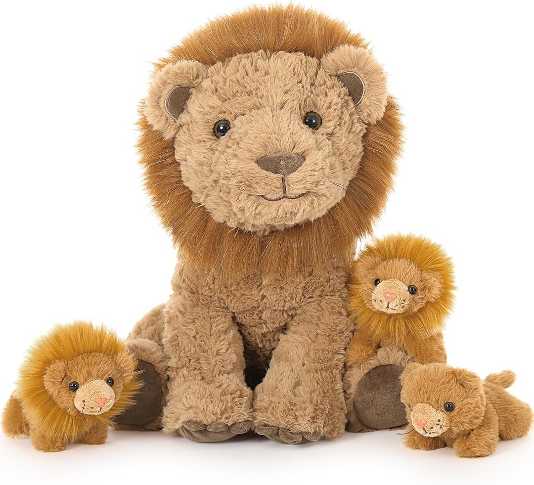Tezituor 4 Piece Lion Plush Set,18 Inch Large Lion Stuffed Animals with 3 Cute Little Babies, Soft Cuddle Lion Plushies, Lions Stuffy Boys Girls Birthday Valentines Forest Party Decor