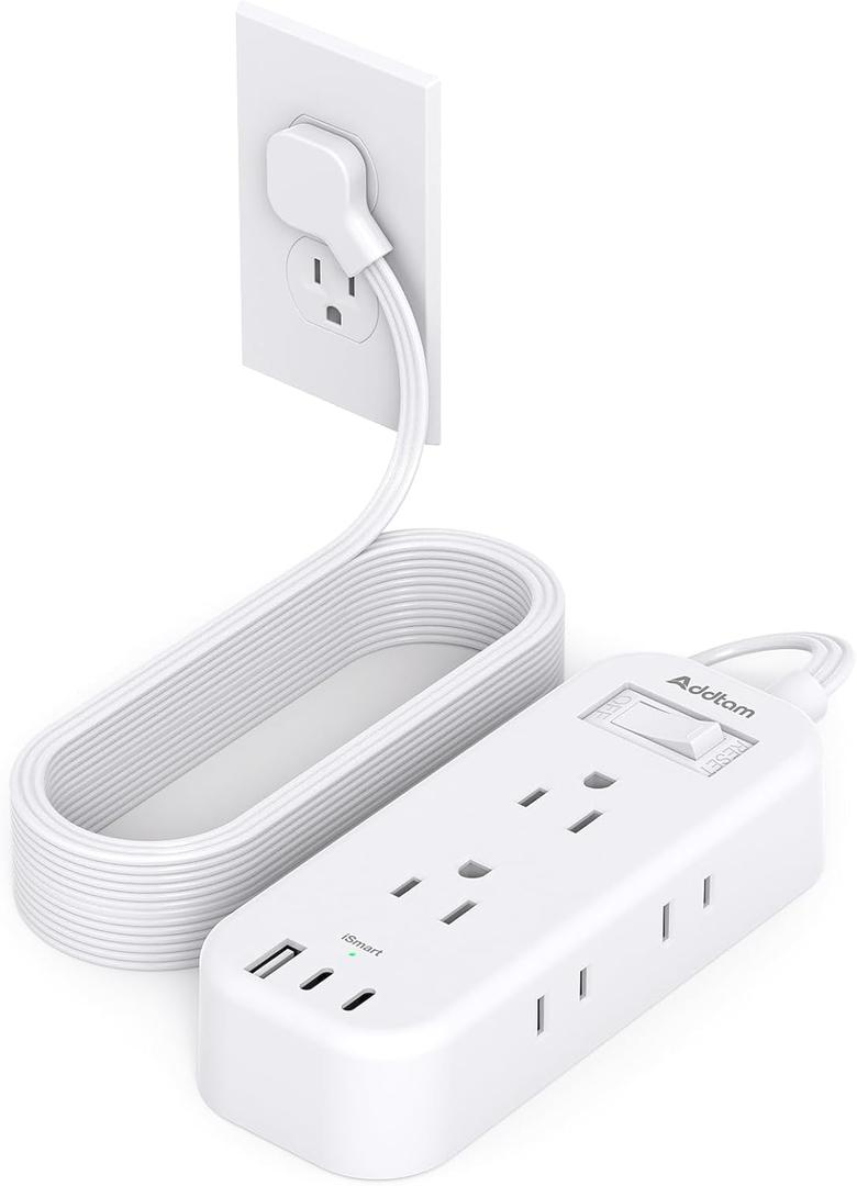 Extension Cord 15 ft - Power Strip Surge Protector, Flat Plug with 6 AC Outlet Extender 3 USB Ports (2 USB-C), 1080J, Multi Plug Outlets Desktop Charging Station for Home College Dorm Room Essentials