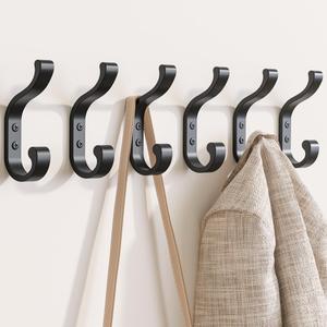 Wall-Mount Coat Hooks, Heavy Duty 30LB Hooks for Hanging Coats, Bags, Backpacks, Keys, Hats Black Metal Hooks for Wall, Door (6 Pack)