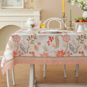 Rectangle Waterproof Tablecloth Linen Textured Table Cloth,Stain and Wrinkle Resistant Washable Fabric Table Cover for Dining, Party, Camping and Outdoor, 52 x 70 Inch, Pink Garden