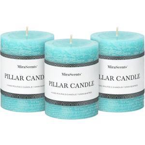 3x4 Inch Turquoise Pillar Candles Set of 3 - Unscented Candles, Long Clean Burning, Large Big Candles, Smokeless Dripless Pillar Candles for Dinner Table, Wedding, Home, Bathroom, Rustic Decor