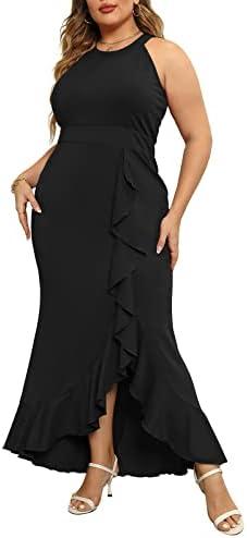 Keluummi Plus Size Formal Wedding Guest Long Dresses for Curvy Women, Halter Neck Empire Waist Mermaid Maxi Cocktail Gown, (18 Plus, Black)