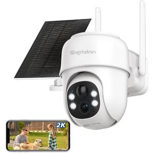 Septekon 360PTZ Security Cameras Wireless Outdoor, Solar Battery Powered Cameras for Home Surveillance, 2K 2.4G WiFi Camera with Spotlight, Motion Detection, Siren, Color Night Vision, IP66, White