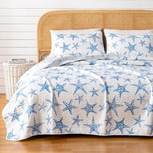 Great Bay Home Coastal Quilt Set - 2-Piece Twin/Twin XL Size Nautical Bedding Set - Lightweight, All-Season, Reversible Starfish Bedspread (Blue)