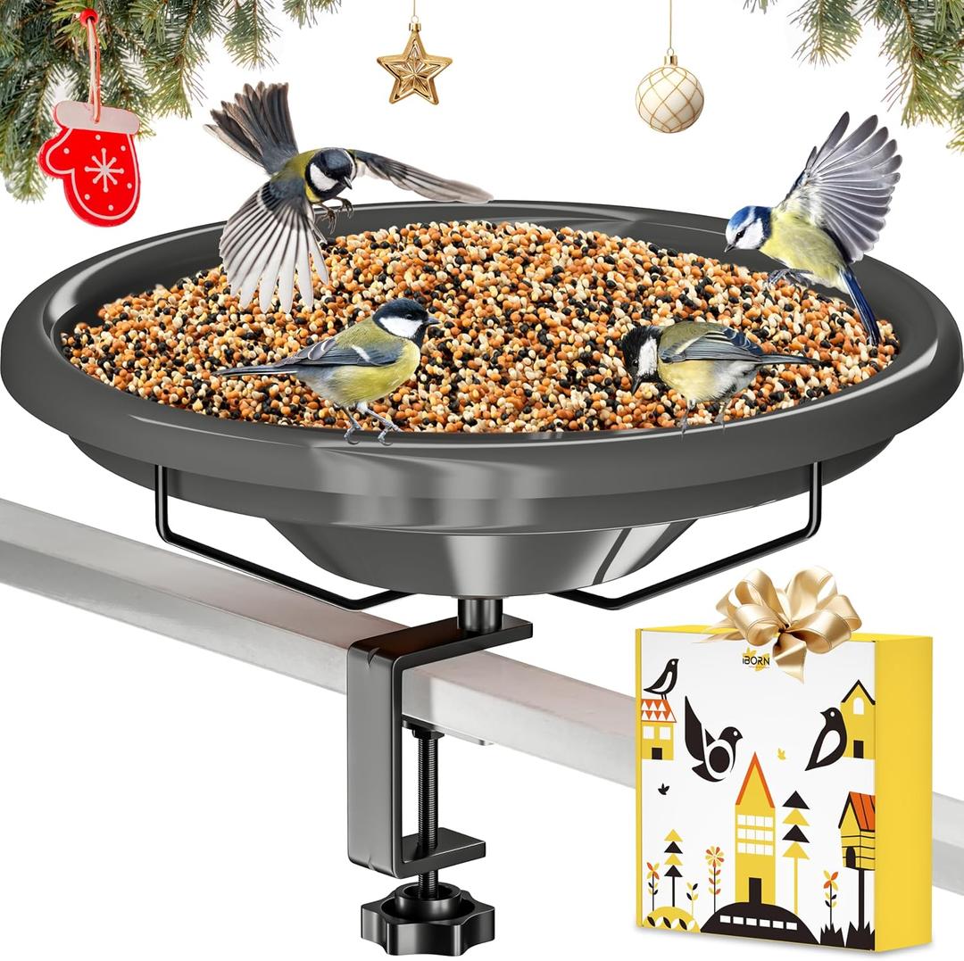 iBorn Bird Bath,Deck Mounted Bird Baths 12inch,Birdbath for Outside with Clamp 3.2inch,BPA-Free Bowl,Chew-Proof,Fully Detachable Design,Easy Clean & Refill,Gray,1 PackNot Include Fountain