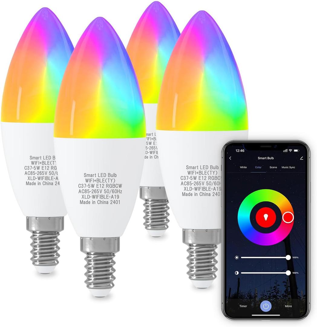 ORALUCE Smart Light Bulbs, WiFiBluetooth E12 Smart Bulbs That Work with Alexa Google Home Compatible, 40W Equivalent Type B LED Light Bulb, RGBCW 2700-6500K Color Changing, 5W 450LM, 4Pack, (C37-5W)