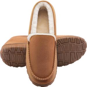 shoeslocker Men's Slippers Indoor Outdoor Warm Soft Plush Memory Foam House Slippers for Men Comfortable Bedroom Moccasin Slipper Non-Slip (11, Beige)