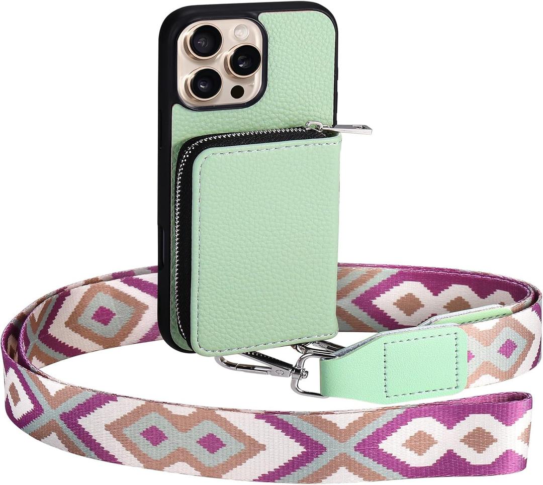 XANGNIER Wallet Case for iPhone 16 Pro Max, RFID Blocking PU Leather Crossbody Phone Purse with Card Holder, Zipper Pocket, Wrist Strap & Adjustable Lanyard for Women 6.9" 5G,Green