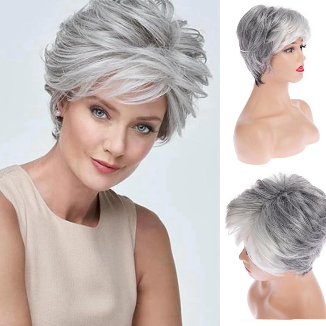 Short Gray Wigs for White Women Pixie Cut Wig with Bangs Natural Synthetic Hair Wigs for Daily Use