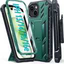 FNTCASE for iPhone 15 Phone Case: for iPhone 14 & 13 & 16e Case Military Shockproof Protective Rugged Cell Phone Cover with Kickstand & Belt-Clip Holster, Heavy Duty Hard Cases 5G - 6.1 Inch Green