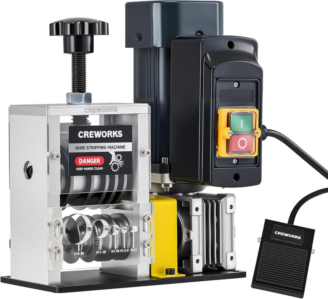 CREWORKS 180W Motor Automatic Wire Stripper Machine, 5 Blade Electric Wire Stripping Machine for 0.06"-1.18" (1.5-30 mm) Scrap Wire with 2 Feed Plates Foot Pedal Switch Sharpening Rod CREWORKS 180W Motor Automatic Wire Stripper Machine, 5 Blade Electric Wire Stripping Machine for 0.06"-1.18" (1.5-30 mm) Scrap Wire with 2 Feed Plates Foot Pedal Switch Sharpening Rod