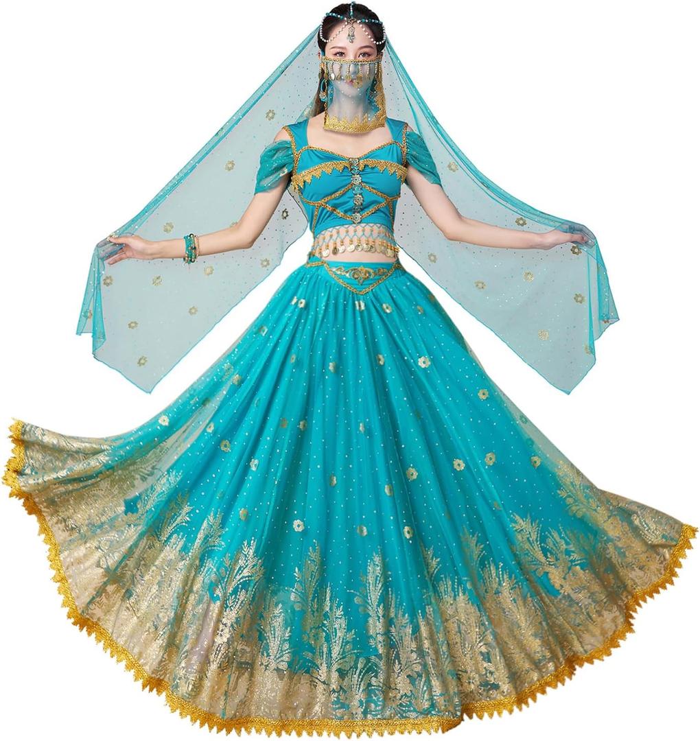 Princess Jasmine Costumes for Women Adult Aladdin Dress UP Halloween Cosplay Belly Dance Outfit (Small, Jasmine Blue)