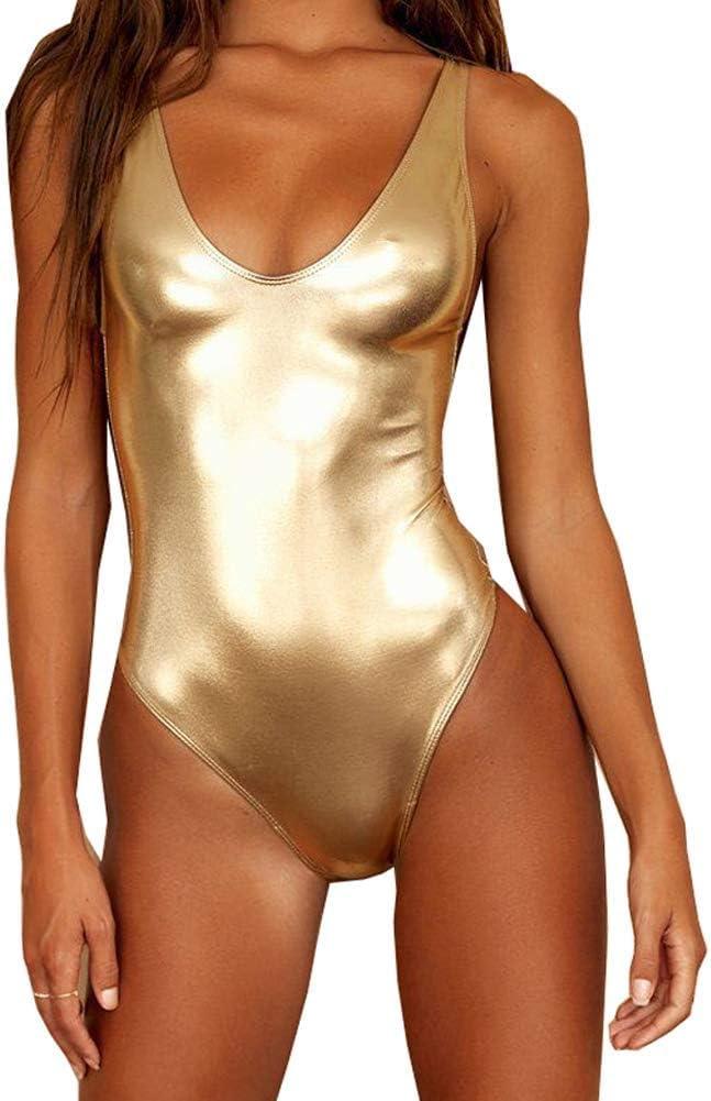 YAUASOPA Sexy Liquid Metallic Glitter One Piece Push Up Swimsuit Female Shiny Solid High Cut Beachwear (X-Large, Shiny Gold)