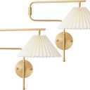 Gold Swing Arm Wall Sconce Set of 2,Plug in Wall Sconces with White Pleated Fabric Shade, Hardwired Wall Light Fixtures with Dimmable Switch for Bedroom Bedside, Living Room, House Reading