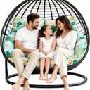 55 x 35 Inch Double Egg Chair Cushion Replacement, Thickened Waterproof Hanging Swing Chair Cushion with Pillows for Outdoor Patio, Cyan Floral Leaf