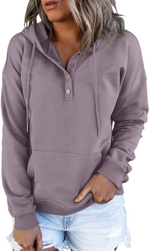 Dokotoo Womens 2025 Hoodies Button Collar Drawstring Hooded Pullover Sweatshirt Casual Long Sleeve Tops Shirts (Large, Purple)