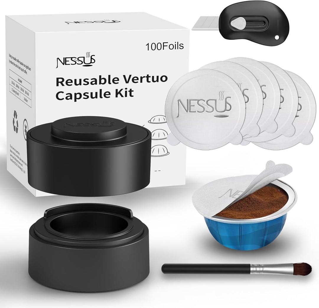 Nessus Reusable Pod Kit for Nespresso Pods Vertuo, Reuse Old Coffee Pods for Nespresso Vertuo: 100 Pcs Aluminum Foil Seal Lid, Holder, Brush, Refillable Vertuo Plus Next Capsule Machine(No Pods Come) (Black)
