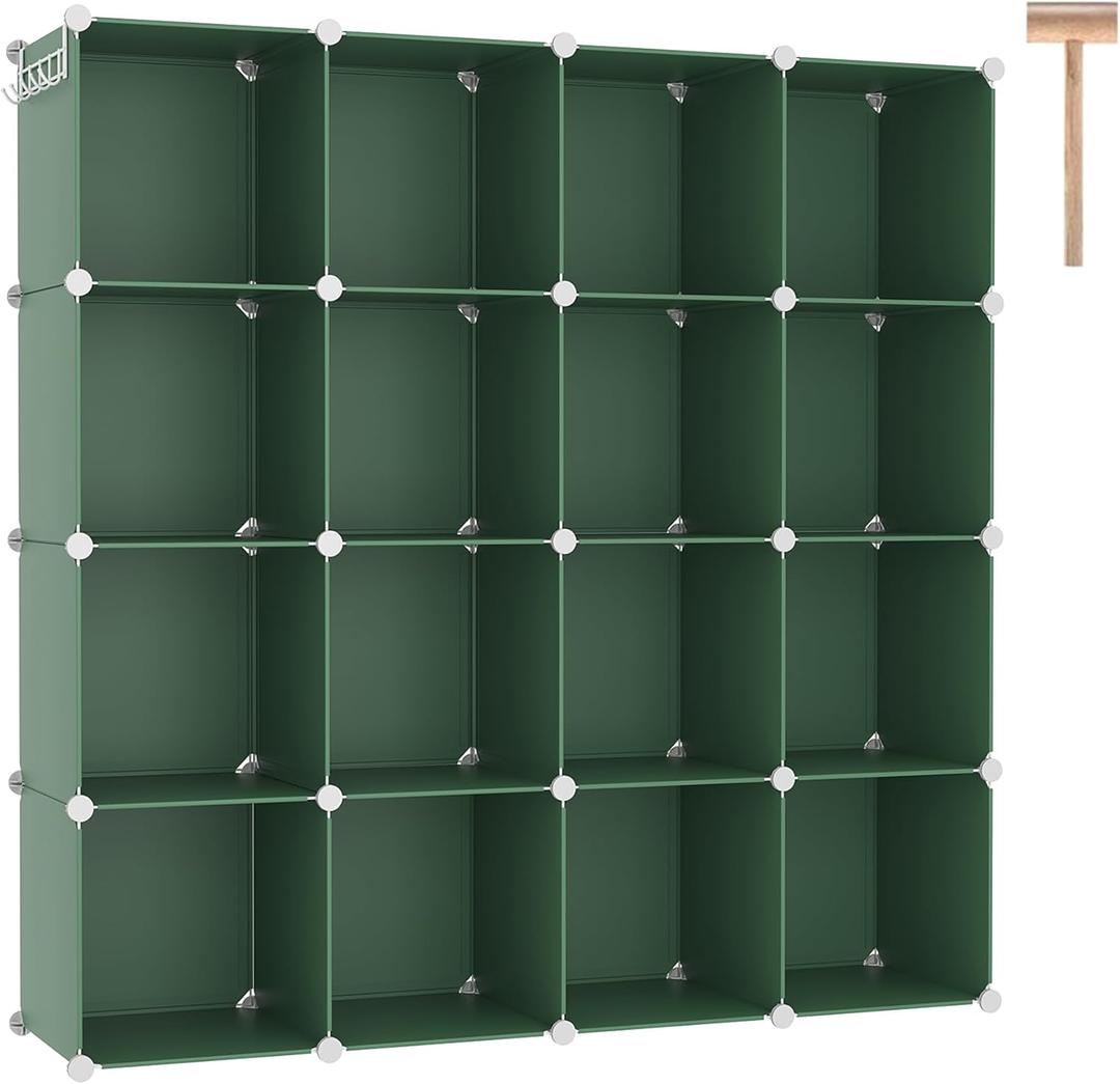 C&AHOME Cube Storage Organizer, 16-Cube Shelves Units, Plastic Storage Cubes, DIY Closet Organizer, Modular Closet Storage Shelves Ideal for Home, Bedroom, 48.4" L  12.4" W  48.4" H Green UPCS16GN