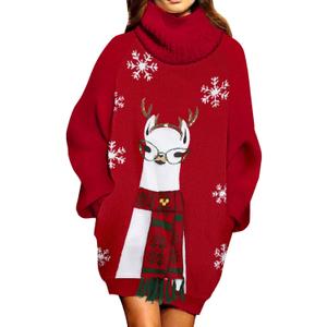 Pink Queen Ugly Christmas Sweater Dresses for Women Oversized Turtleneck Pullover Holiday Dress with Pocket (Red)