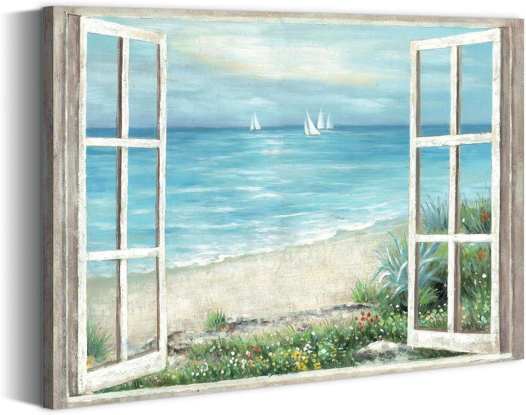 summer melody Beach Seascape Painting Wall Art - Window Coastal Serene Ocean View Canvas Artwork Sailboats & Wildflowers Picture for Living Room Bedroom Decor