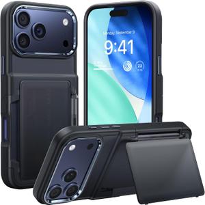 2 x UYOUNG for iPhone 17 Pro Max Case Wallet with Card Holder, High End Metal Frame Lens Cover, Military Drop Protection, Rugged Heavy Duty Men Women Protective Phone Case for iPhone 17 Pro Max, Black