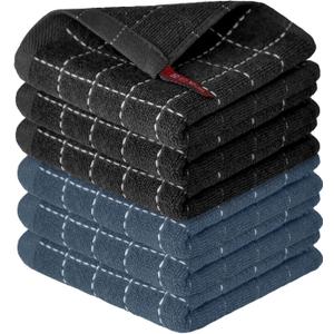 Artoid Mode Checkered Designed Cotton Black Grey Terry Kitchen Dish Cloths, 12x12 Inch Soft Absorbent Quick Drying Cleaning Kitchen Rags Set of 6