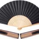 Sepwedd 50pcs Black Imitated Silk Fabric Bamboo Folded Hand Fan Bridal Dancing Props Church Wedding Party Favors with Organza Bags