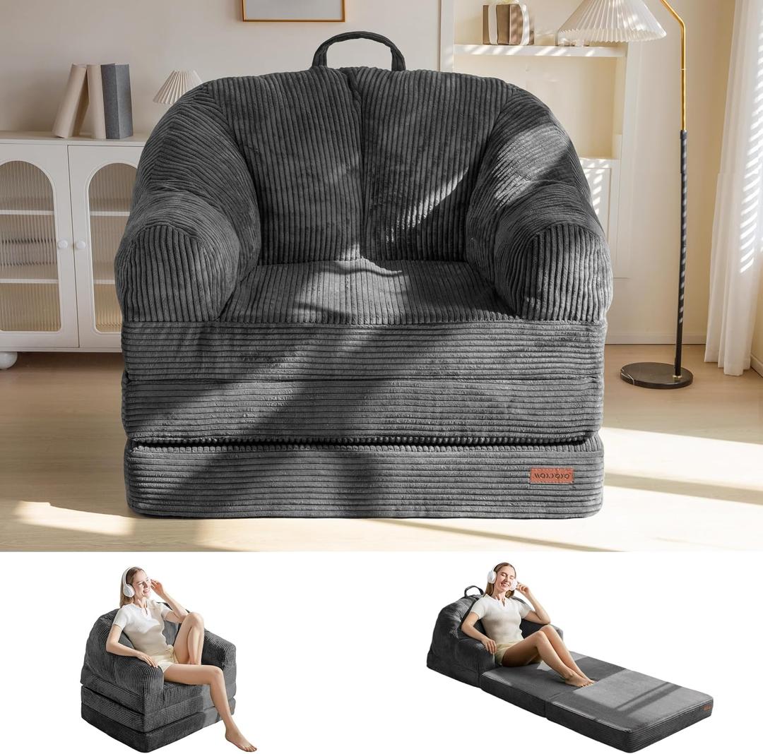 MAXYOYO Folding Sofa Bed with Backrest, Boneless Fold Out Couch Bed with Handle, 2 in 1 Convertible Bean Bag Chair to Floor Sofa Lounger, Comfy Folding Couch for Bedroom & Living Room, Dark Grey, Large