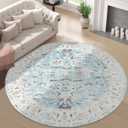 jinchan Round Rug 6ft Area Rug - Washable Boho Vintage Floral Circle 6' Round Floor Cover Lightweight Low Pile Thin Throw Non-Slip Carpet for Kitchen Living Room Bedroom Dining Room Office Light Blue (Distressed Blue Multi)