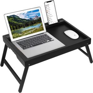 Artmeer Bed Tray Table with Folding Legs, Bamboo Breakfast Food Tray with Media Slot, Use As Platter, Laptop Desk, Snack, TV Tray Kitchen Serving Tray (Black Extra-Large Size)